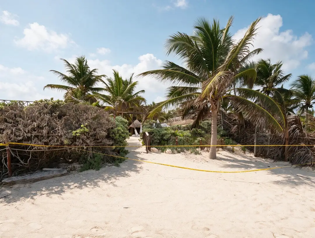 Sandy beach area with palm trees and a yellow rope barrier across a pathway leading to buildings in the distance under a blue sky with white clouds