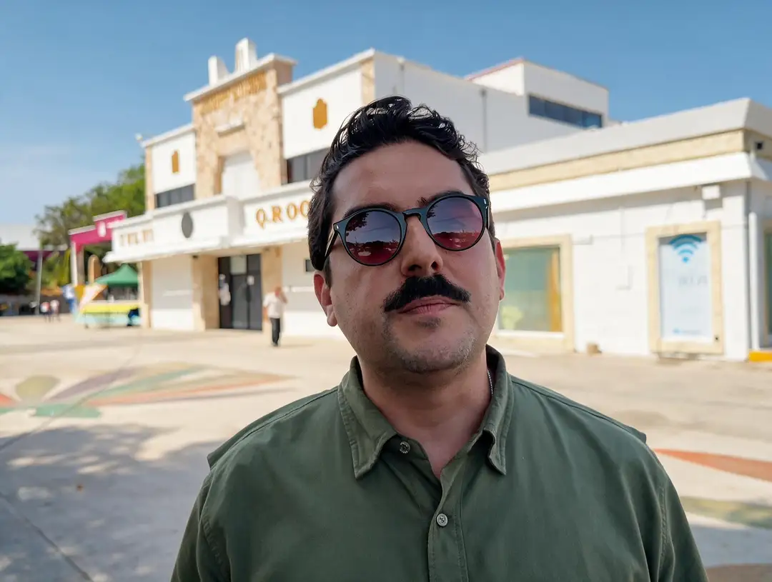 Man wearing sunglasses and olive shirt stands in front of white and gold building with clear sky behind him