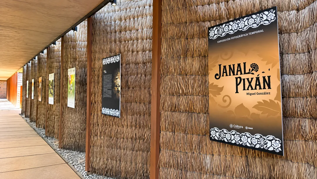 Señalización de la exhibición "Janal Pixán" cuelga en paneles de pared tejidos, en un pasillo interior con piso de madera