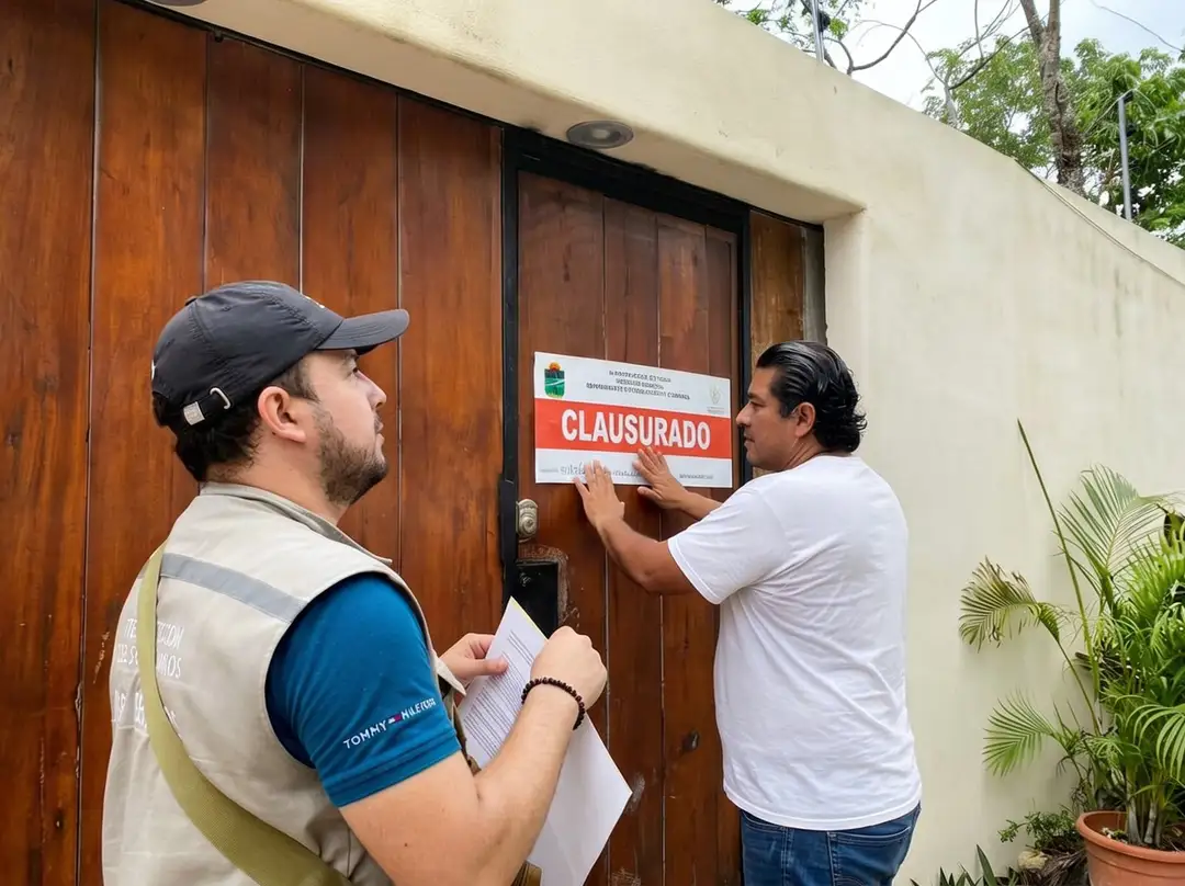 Two men place a closed sign on a wooden door of a building