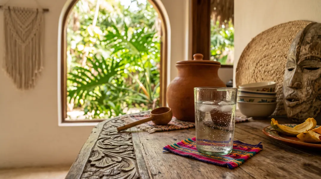Un vaso de agua con hielo sobre un posavasos de colores en una mesa de madera, junto a objetos decorativos y una ventana con vista al follaje verde