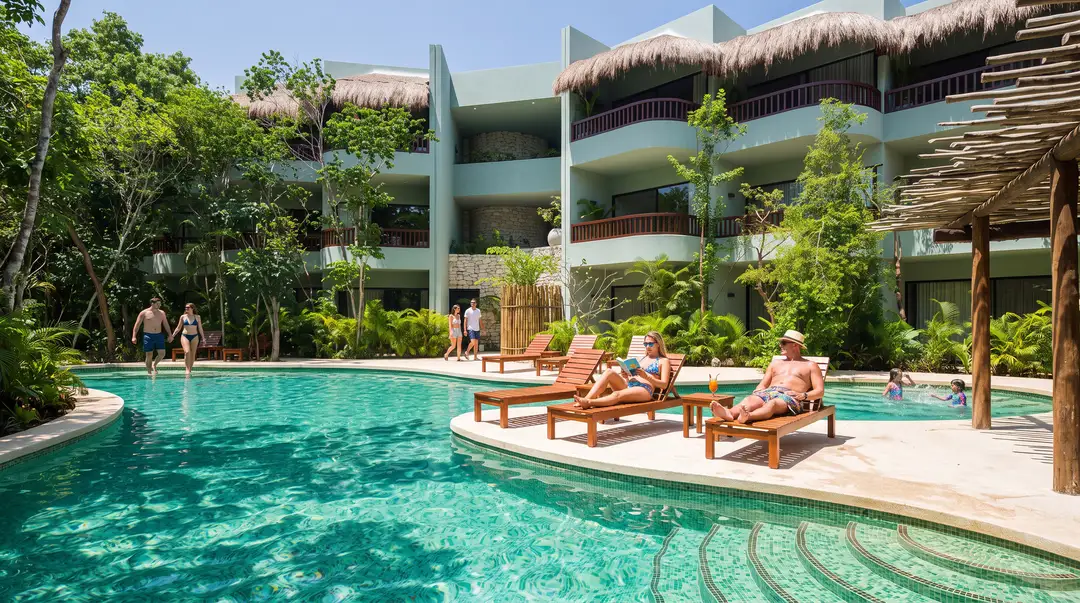 Guests relax on lounge chairs and swim in a turquoise pool at a tropical resort with multi-story thatched-roof buildings and lush vegetation