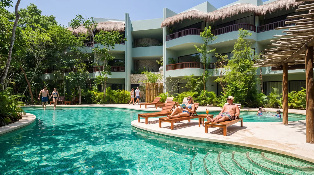 Guests relax on lounge chairs and swim in a turquoise pool at a tropical resort with multi-story thatched-roof buildings and lush vegetation