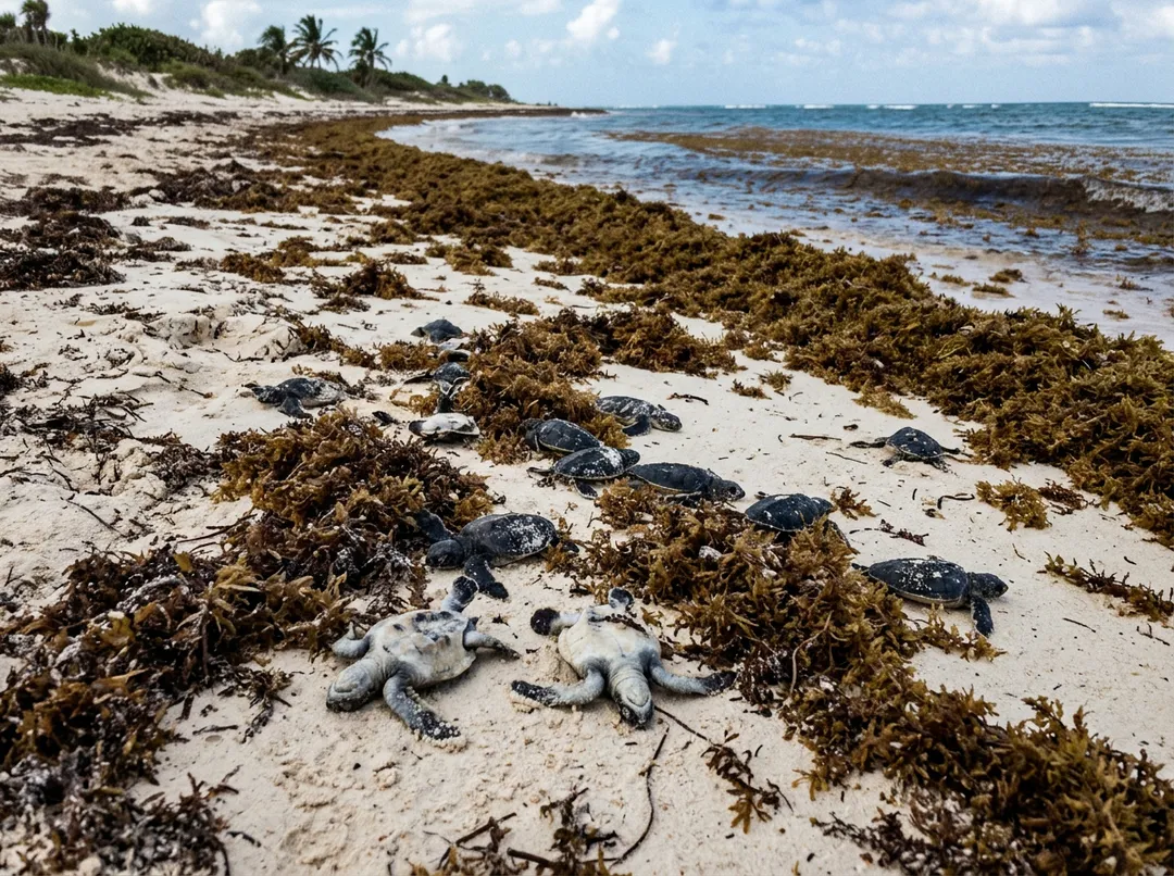 Dead sea turtle hatchlings lie on sand among seaweed along a beach shore with palm trees visible in the distance