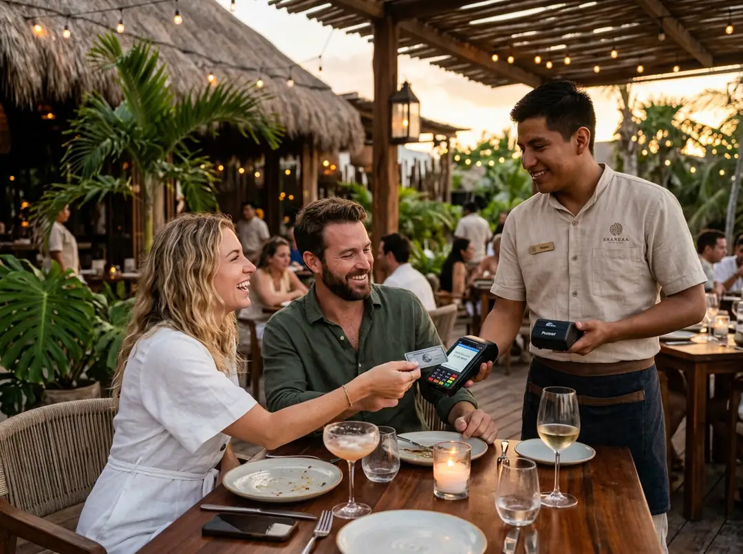 A server in a light shirt holds a payment terminal while a woman at a beachside restaurant table completes a transaction, with her dining companion seated besid
