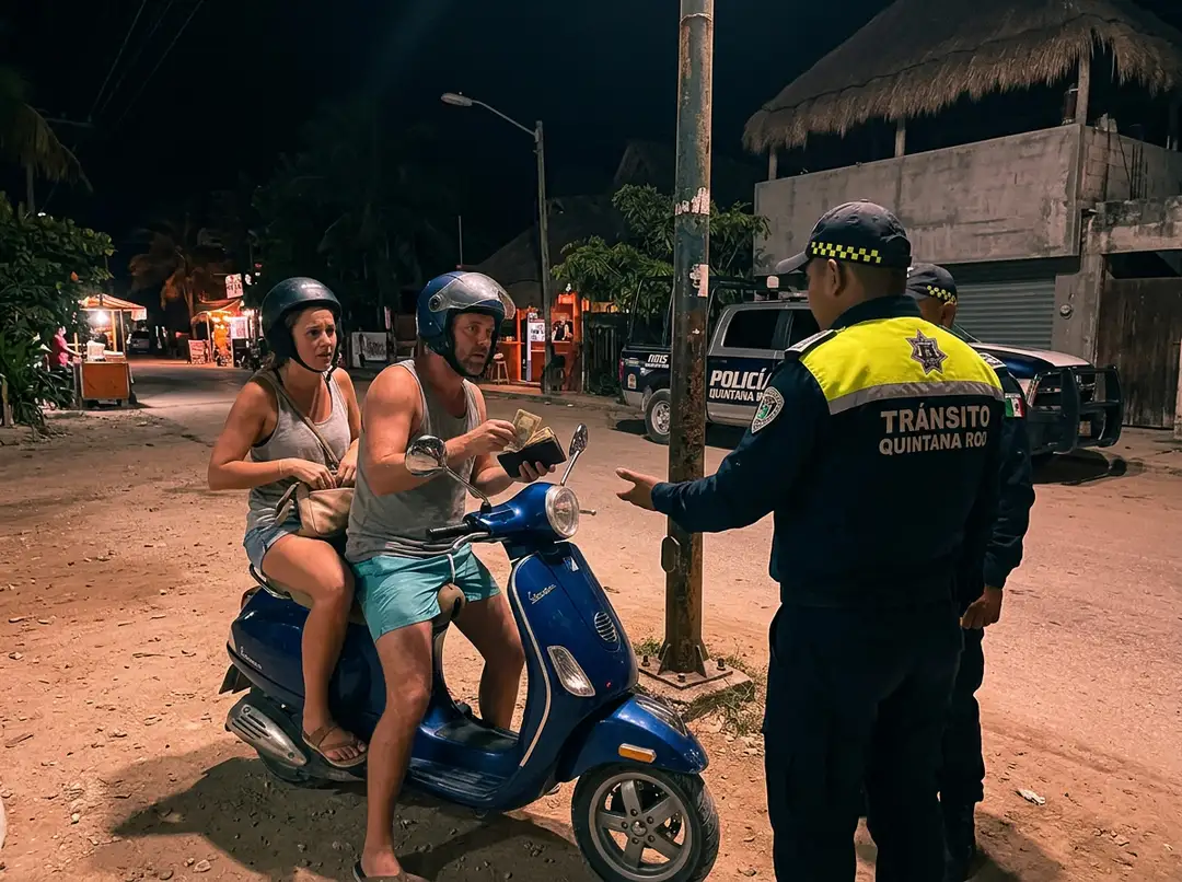 What to do when an officer asks you for money in Tulum Traffic police officer in yellow safety vest stops two people on a blue scooter at night on a dirt road in a tropical setting