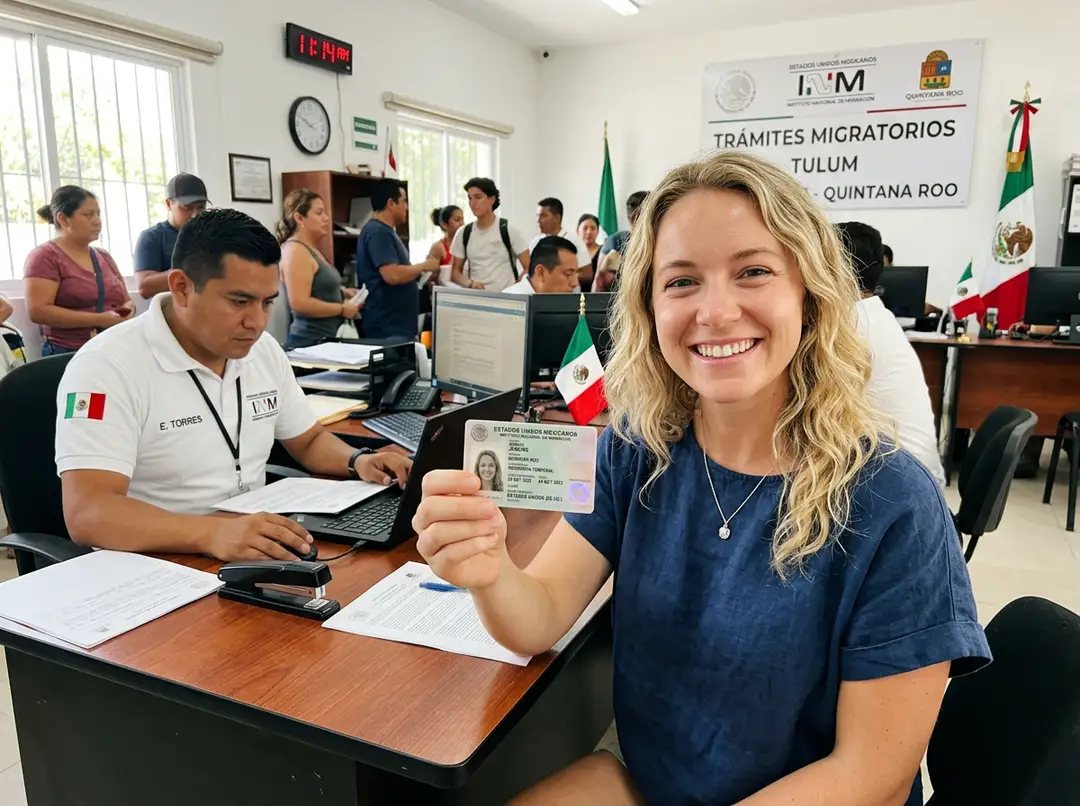 Woman holds up an identification document while smiling at a desk in a Mexican immigration office with staff and applicants in the background