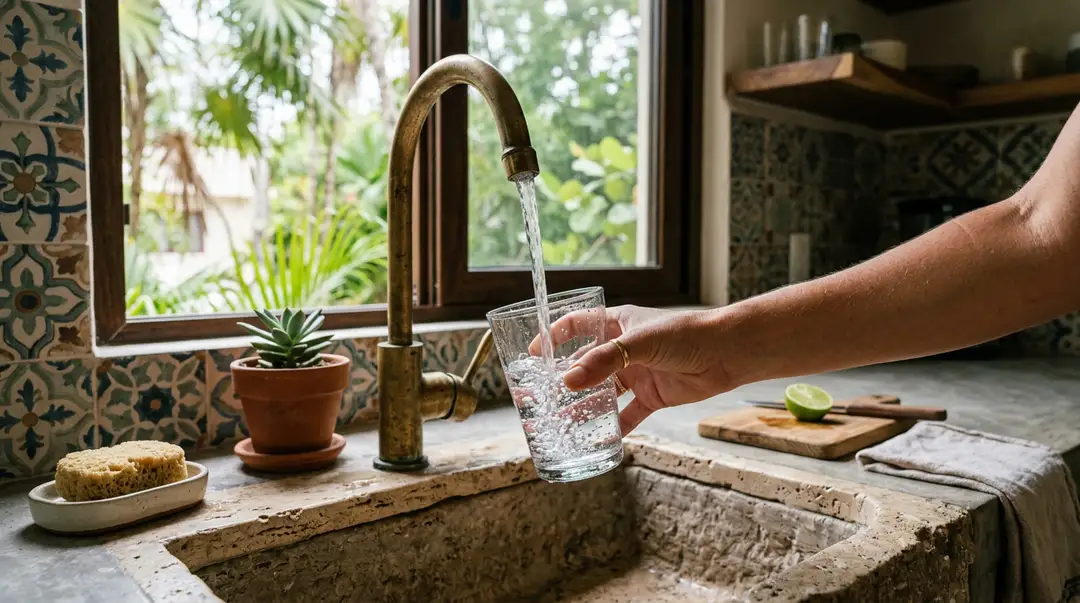 La Veleta Water Contamination Reports Push Residents to Seek Aquifer Testing in Tulum A person fills a glass with water from a kitchen faucet over a stone sink, with a potted plant and garden visible through the window behind