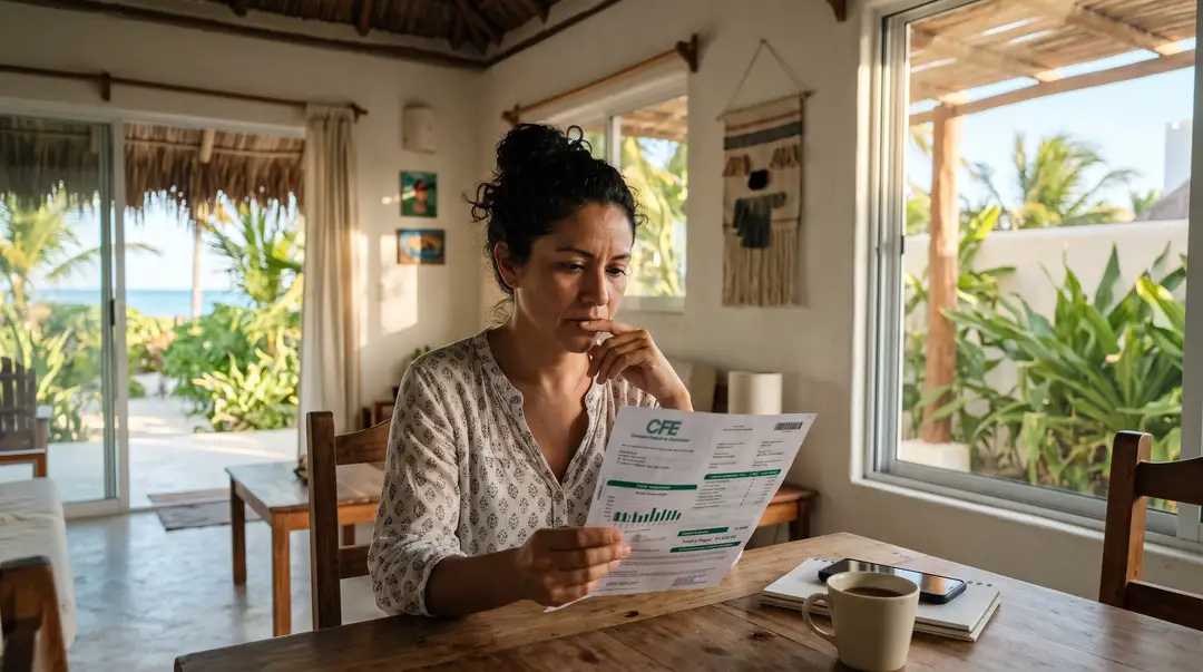 Woman reading a document at a wooden table inside a bright room with ocean views and palm trees visible through large windows