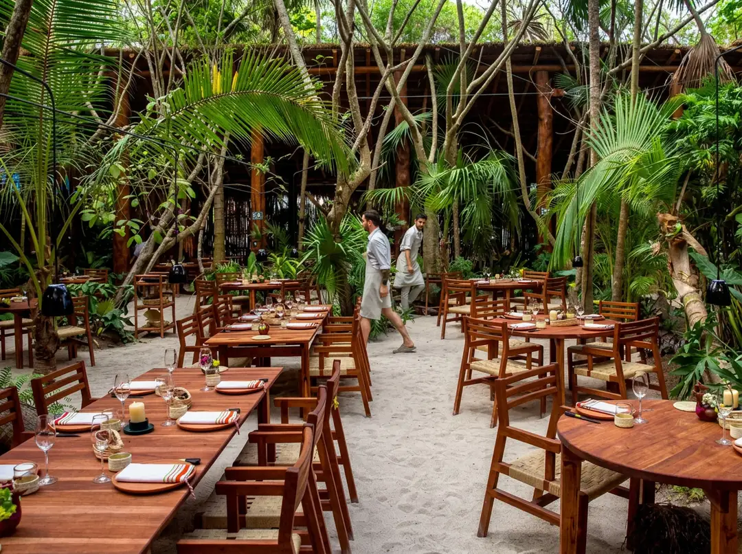 Eight Michelin nods drive the push to organize Tulum dining Outdoor dining area with wooden tables and chairs set among tall palm trees and tropical vegetation, with staff members walking between tables