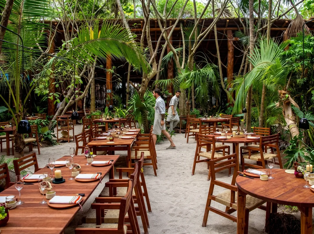Eight Michelin nods drive the push to organize Tulum dining Outdoor dining area with wooden tables and chairs set among tall palm trees and tropical vegetation, with staff members walking between tables