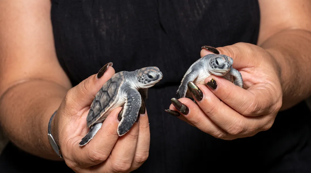 Levantar una tortuguita para tomarle una foto puede ser un delito federal en México Dos pequeñas tortugas marinas descansan en las manos de una persona sobre fondo negro