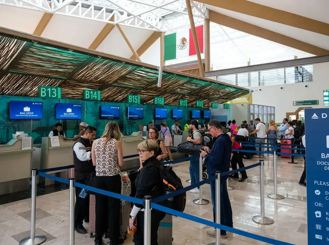 Passengers wait in line at airport check-in counters with a Mexican flag visible overhead in the terminal