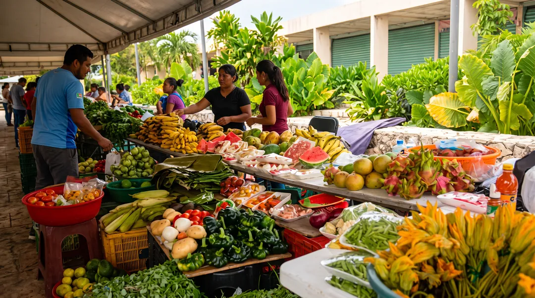 Vendedores ofrecen fruta y verdura frescas, incluidos plátanos y frutas tropicales, en un puesto de mercado techado