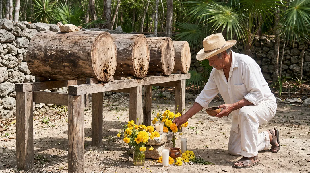 Tulum's bee god still watches, but the Melipona bees below him are disappearing A man in a white shirt and straw hat arranges yellow flowers next to wooden logs on a platform in a tropical forest setting