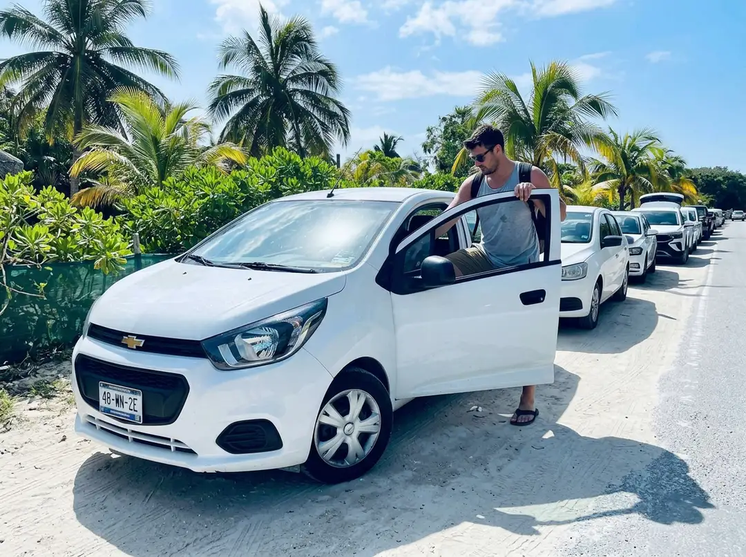 A man stands beside a white compact car with the door open, lined up with other white vehicles on a sandy road lined with palm trees