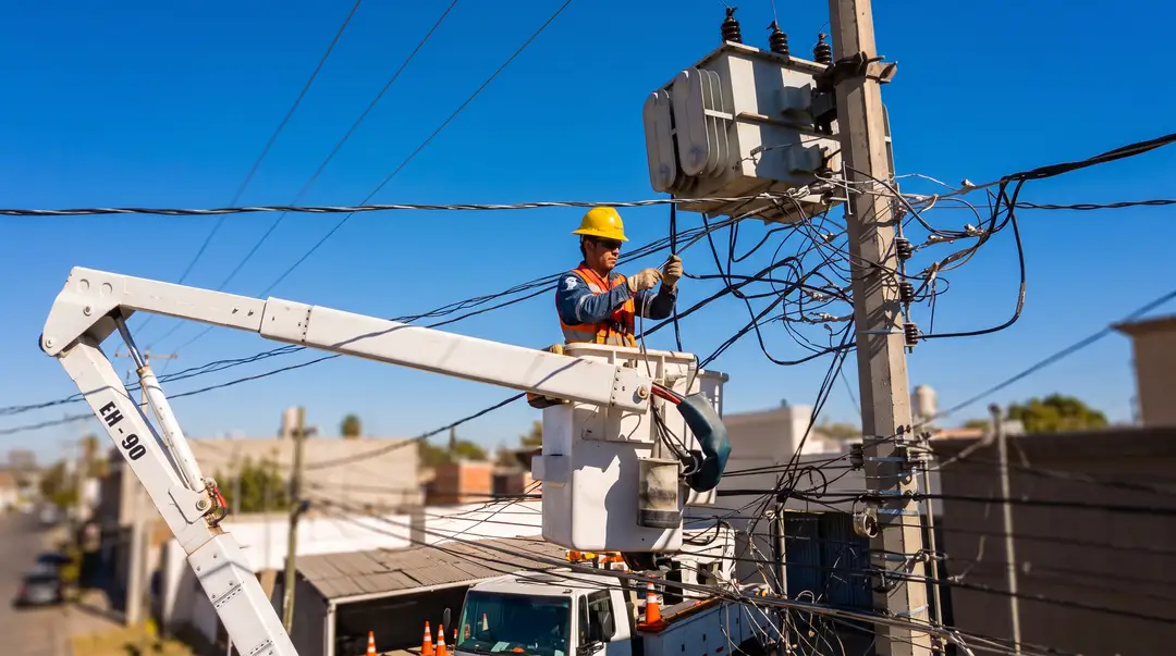 Utility worker in yellow hard hat and orange vest stands on an elevated bucket lift working on electrical power lines and transformer mounted on a wooden pole