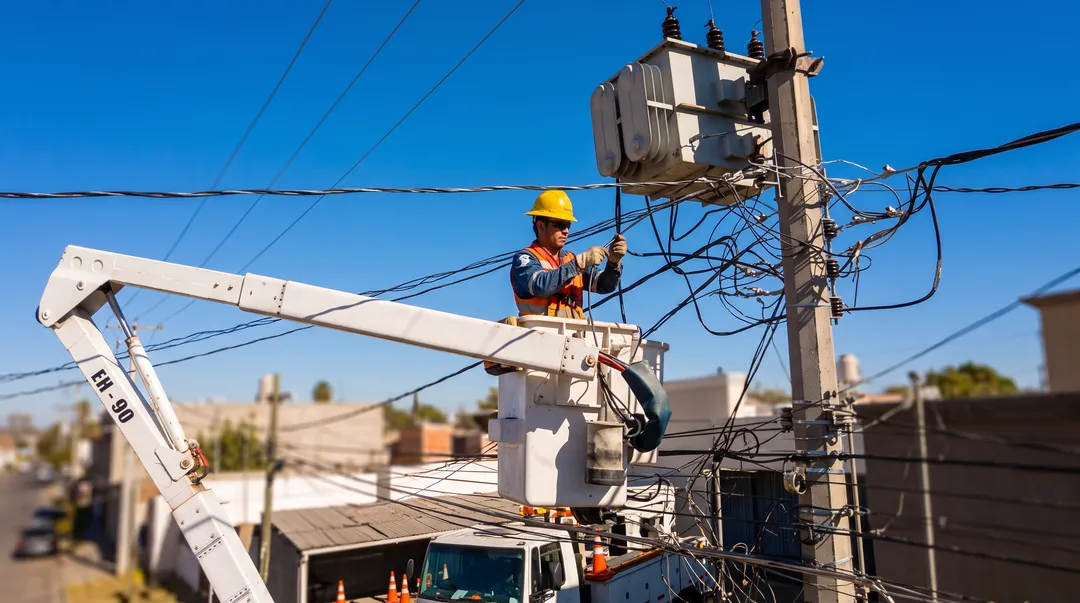 La refri de tu casa paga los costos de una red eléctrica que nunca alcanzó a La Veleta Trabajador de una empresa de energía, con casco amarillo y chaleco naranja, repara líneas eléctricas y un transformador montado en un poste de madera desde una canastilla elevada