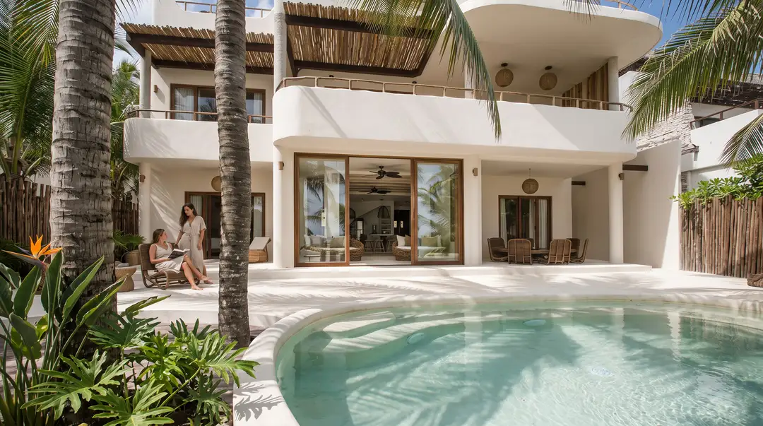 Long term listings in Tulum average 19,066 pesos, and that is before the utilities Two people relax on a patio beside a curved swimming pool in front of a modern white house with palm trees and tropical plants