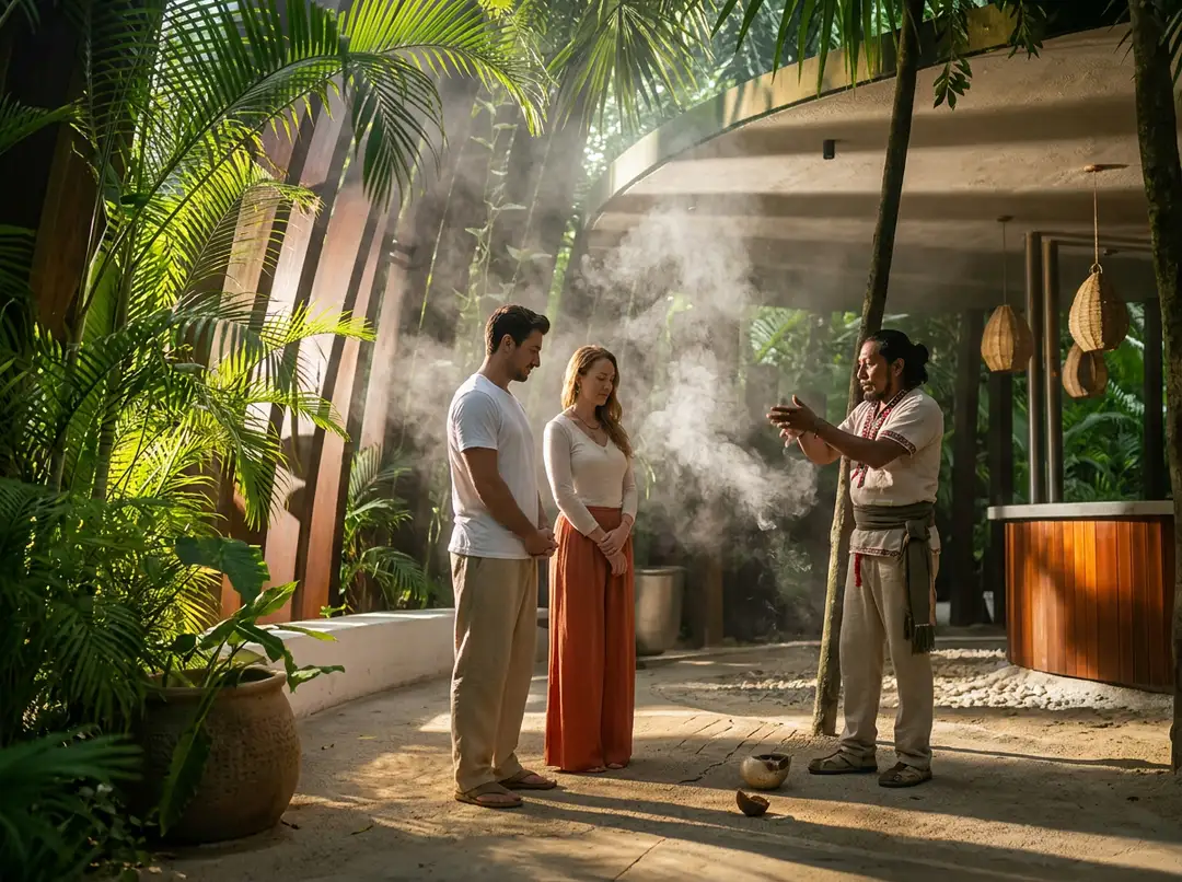 Can a Global Wellness Weekend Help Tulum Recover the Essence It Was Known For? A staff member demonstrates a wellness practice to two guests in a tropical courtyard surrounded by palm plants and vapor rising from a ceremonial vessel