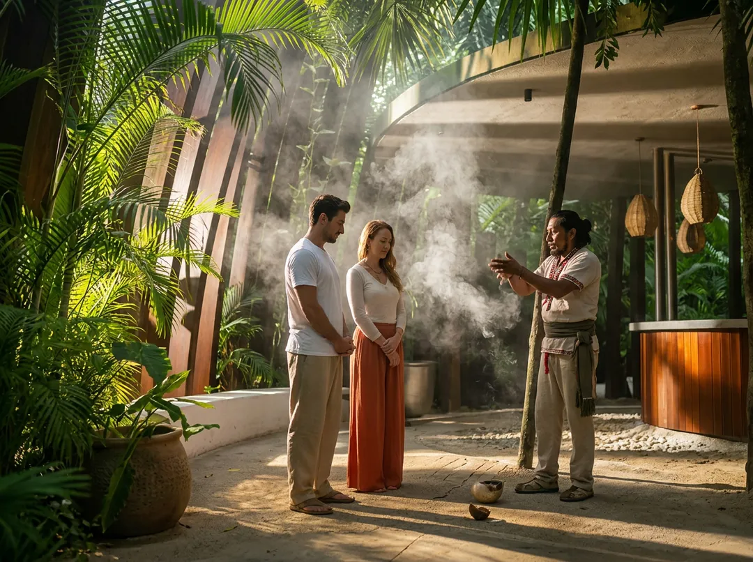 Can a Global Wellness Weekend Help Tulum Recover the Essence It Was Known For? A staff member demonstrates a wellness practice to two guests in a tropical courtyard surrounded by palm plants and vapor rising from a ceremonial vessel