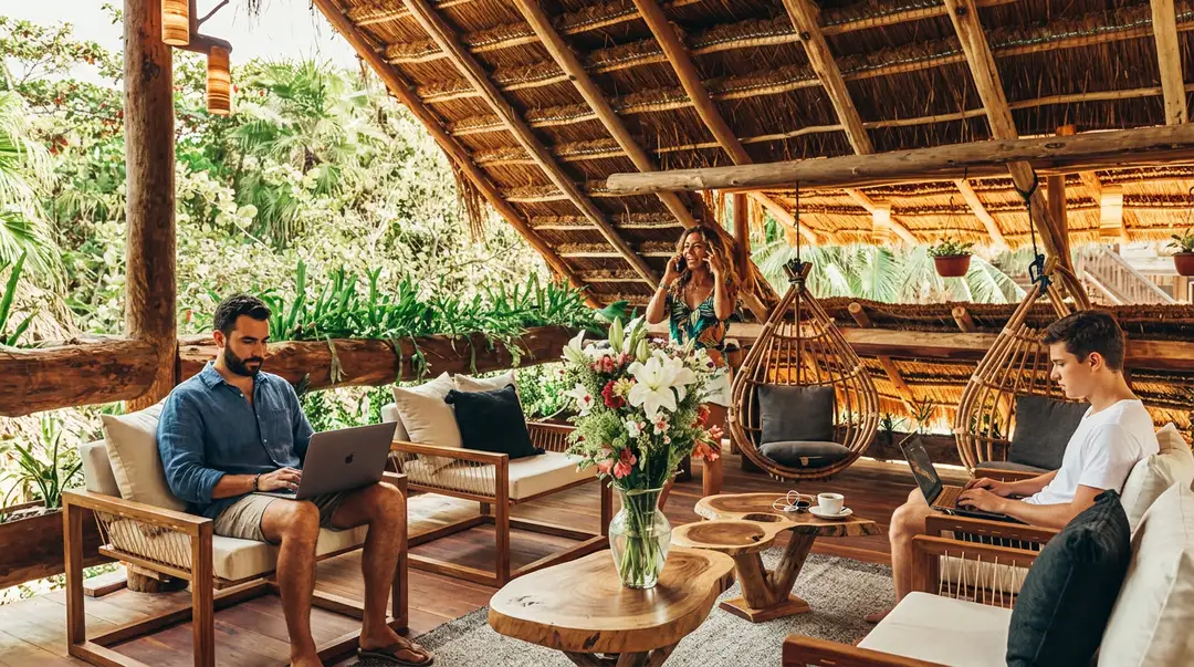 Multiple people work on laptops in a tropical coworking space with wooden furniture, woven ceiling, and lush greenery visible outside