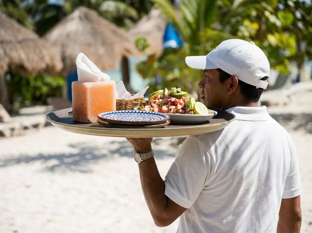 Server carries a tray of food and drinks on a beach with thatched-roof buildings in the background