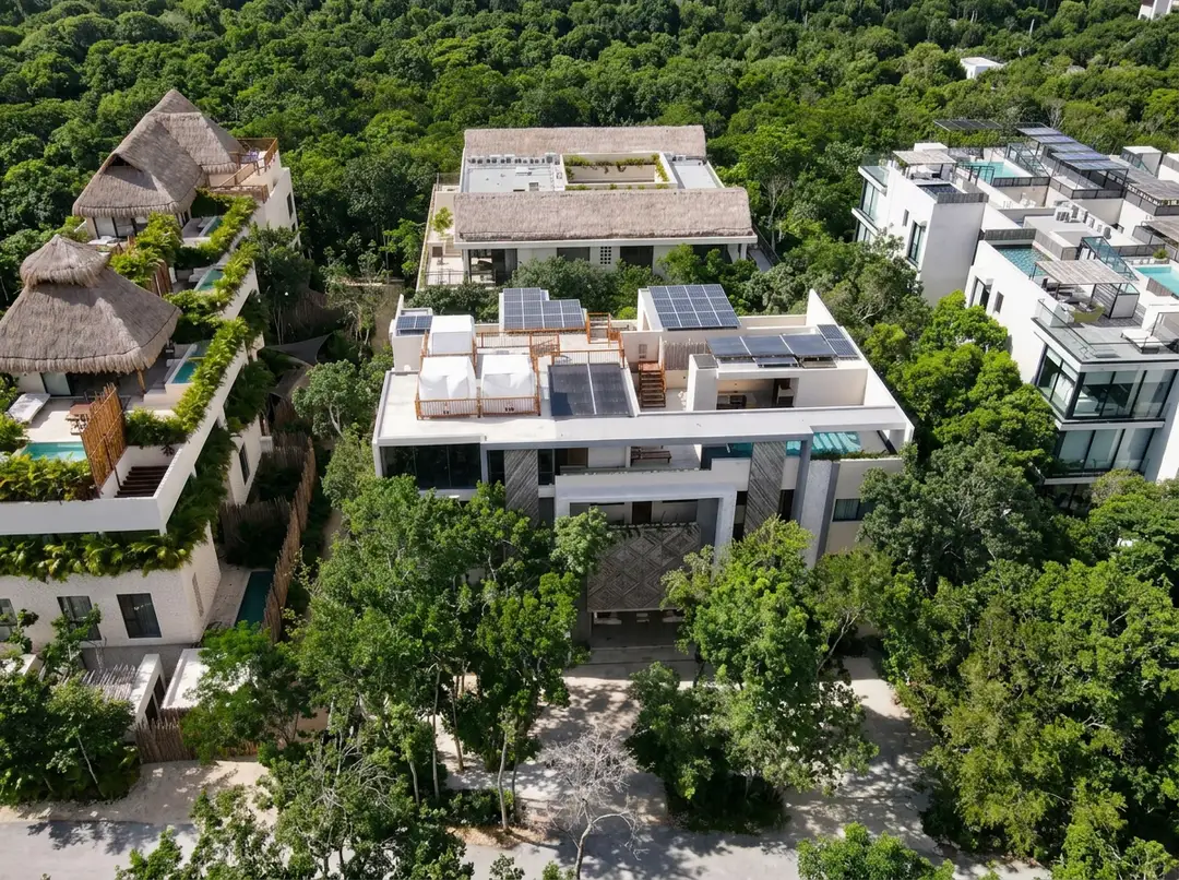 Only one in five Tulum homes is lived in, and sales just halved Aerial view of modern homes with solar panels on rooftops surrounded by dense green vegetation in a residential area