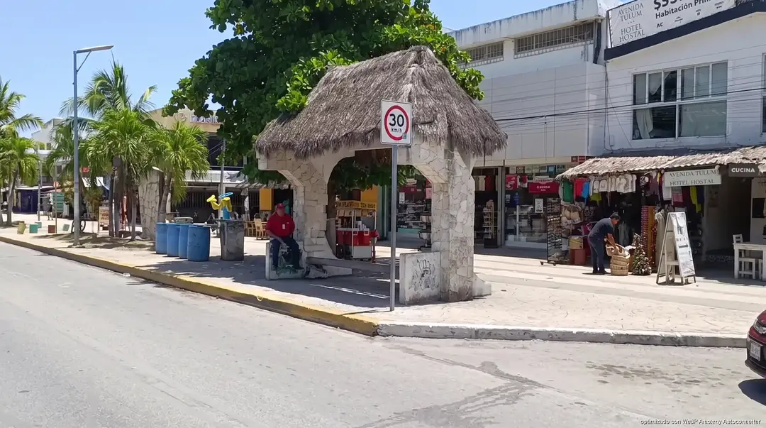 Small stone structure with thatched roof and speed limit sign stands on a street lined with shops and palm trees