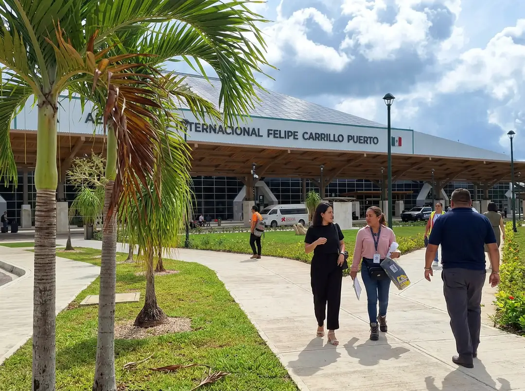 Several people walk on a concrete pathway outside an airport terminal building with palm trees lining the grounds