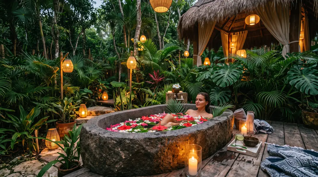 Woman relaxes in a stone outdoor bathtub filled with flower petals in a jungle setting with lanterns and a thatched roof structure