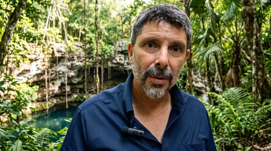 Man with gray beard wearing a dark blue shirt stands in front of a cenote surrounded by dense jungle vegetation and vines