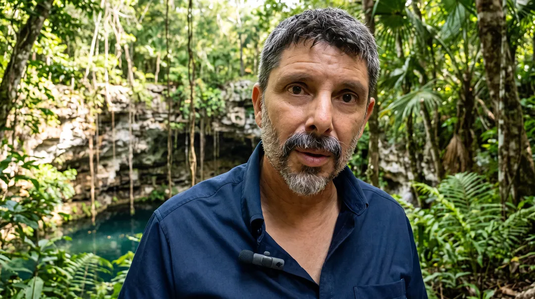 Man with gray beard wearing a dark blue shirt stands in front of a cenote surrounded by dense jungle vegetation and vines