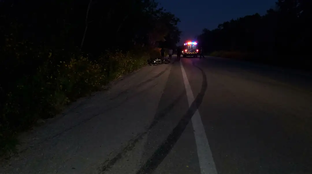 Emergency vehicle with flashing lights on a dark rural road at night surrounded by vegetation