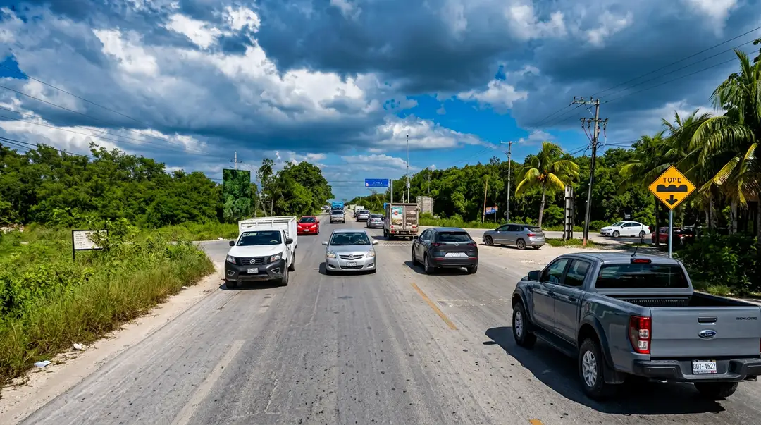Vecinos reportan choques constantes donde La Veleta se une a una carretera sin cruce peatonal Multiple vehicles travel on a two-lane highway lined with tropical vegetation under a partly cloudy sky