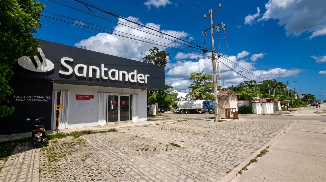 Santander cierra su sucursal en Tulum Sucursal de Banco Santander con fachada blanca y negra sobre una calle pavimentada con postes de luz y edificios dispersos bajo un cielo azul con nubes