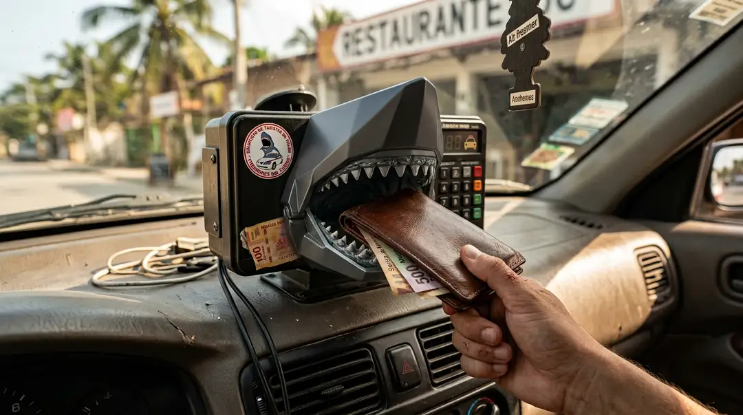 Person's hand feeds cash into a shark-shaped novelty taximeter mounted on a car dashboard, with a restaurant and palm trees visible through the windshield