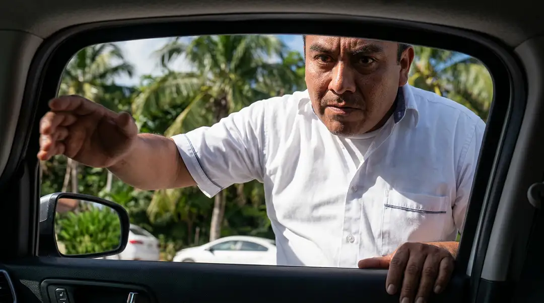 Taxi Drivers Who Join Uber in Tulum Still Face Attacks and Threats Man in white shirt leaning toward car window with an assertive expression, palm trees visible behind him