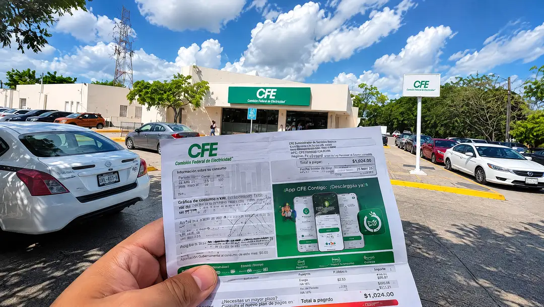 A thousand signatures over Tulum power bills went to the president A person holds an electricity bill from Mexico's state power company in front of a CFE office building with parked cars