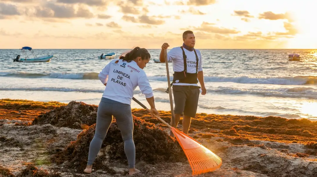 Two volunteers in white shirts rake and collect seaweed and debris from a beach at sunset, with boats visible on the water behind them