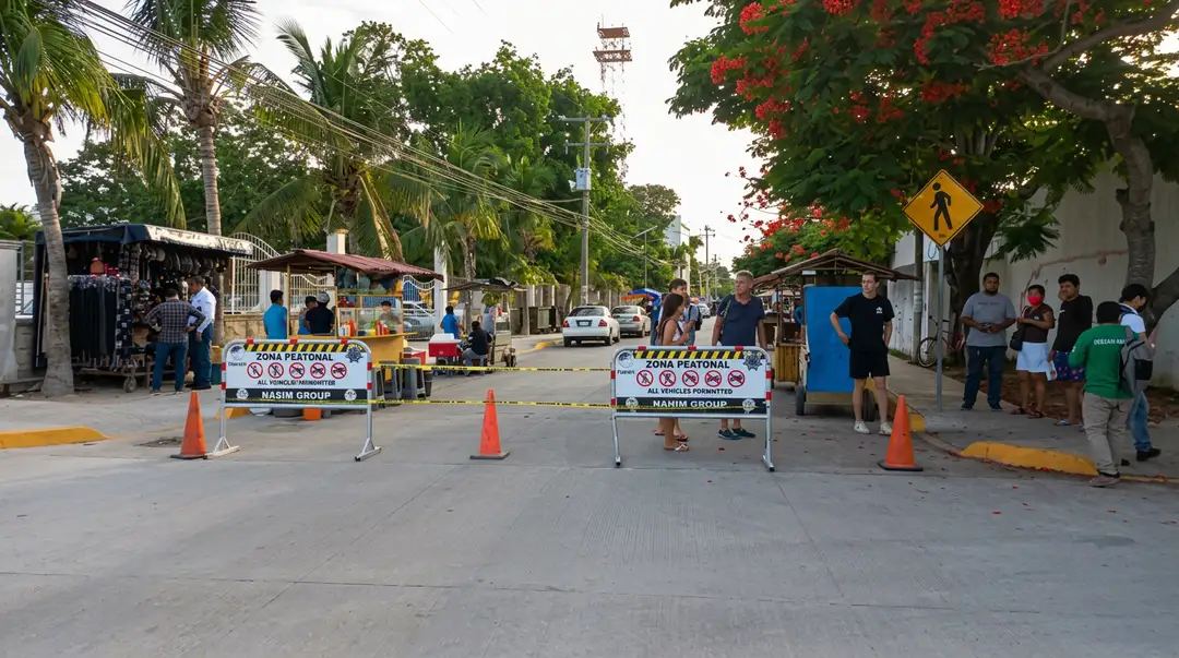 A street is blocked with yellow and black barriers and traffic cones, with people gathered on both sides near shops and trees