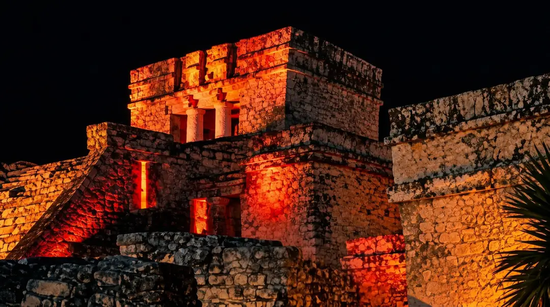 Tulum once opened its ruins after sunset, and the people who saw it remember Ancient stone pyramid structure illuminated in orange light at night with stepped platforms and rectangular openings visible in the masonry