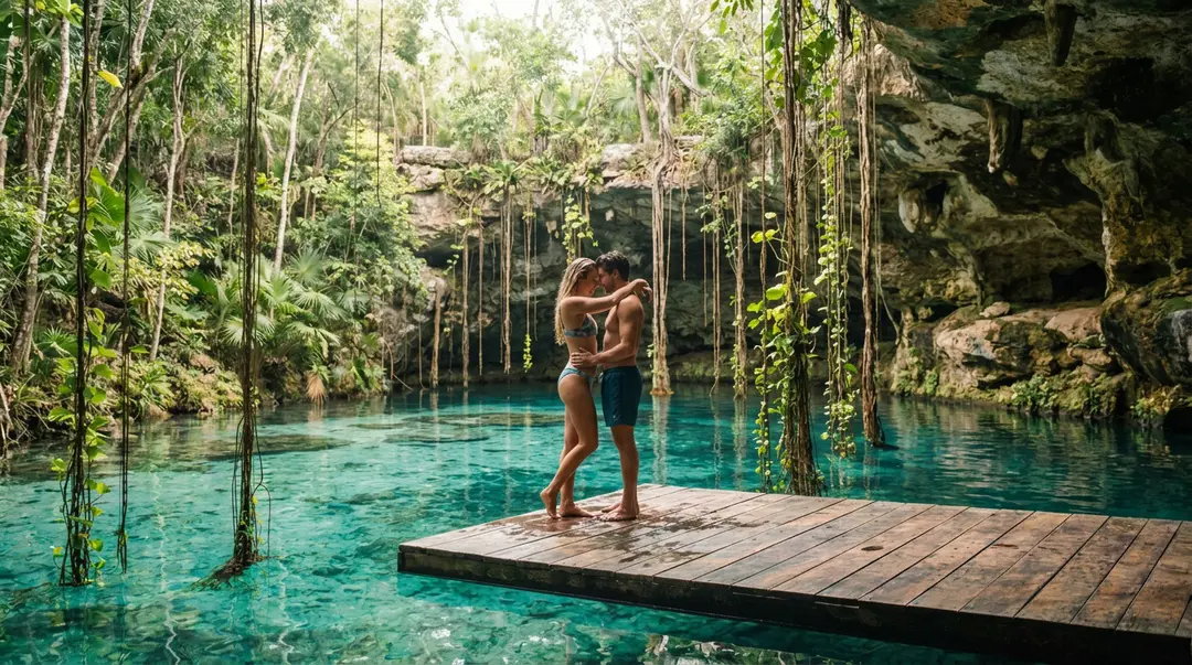 Two people stand on a wooden platform surrounded by hanging vines over a turquoise cenote pool beneath rocky cliffs and forest canopy