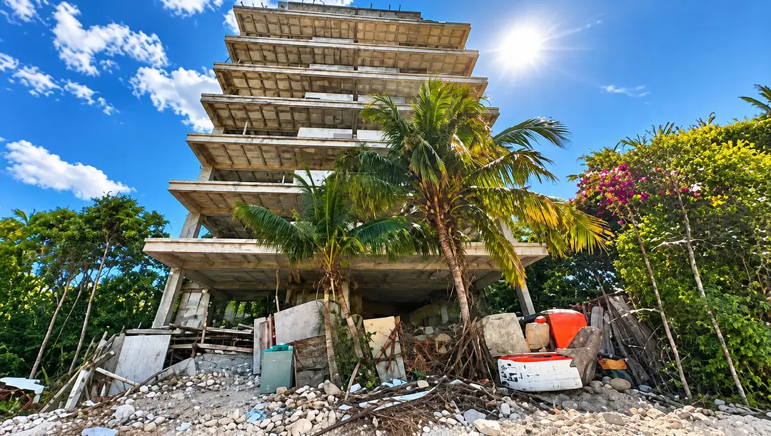 Abandoned concrete structure with inverted solar panels sits among tropical vegetation and construction debris on rocky ground