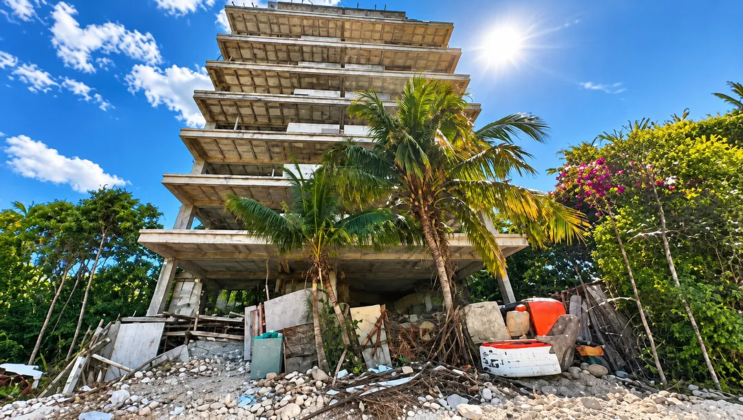 Dos personas enfrentan proceso penal por presuntos delitos ambientales en Tulum Estructura de concreto abandonada con paneles solares invertidos entre vegetación tropical y escombros de construcción sobre terreno rocoso