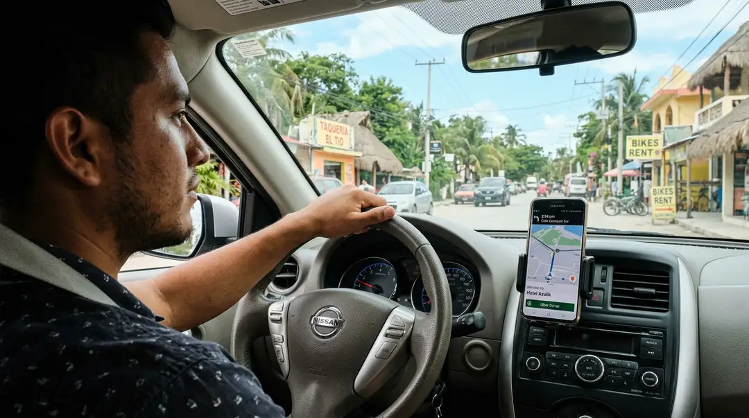Uber began operating in Tulum and Playa del Carmen Man driving a car views a navigation app on his phone mounted on the dashboard while traveling through a street lined with shops and palm trees