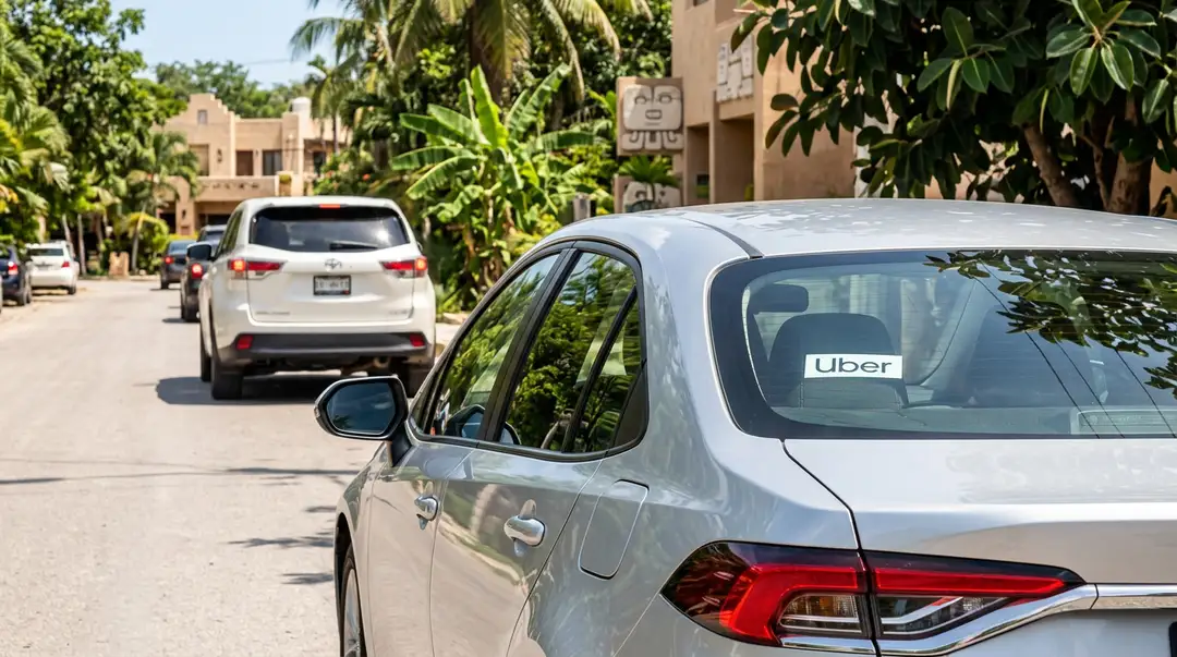 Uber Is Now in Tulum, Competing With the Taxis and Recruiting Them To Silver Uber vehicle with logo on windshield parked on residential street lined with tropical plants and tan buildings