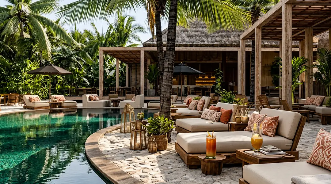 Luxury poolside lounge area with cream-colored seating, palm trees, and modern wooden structures surrounding a turquoise swimming pool