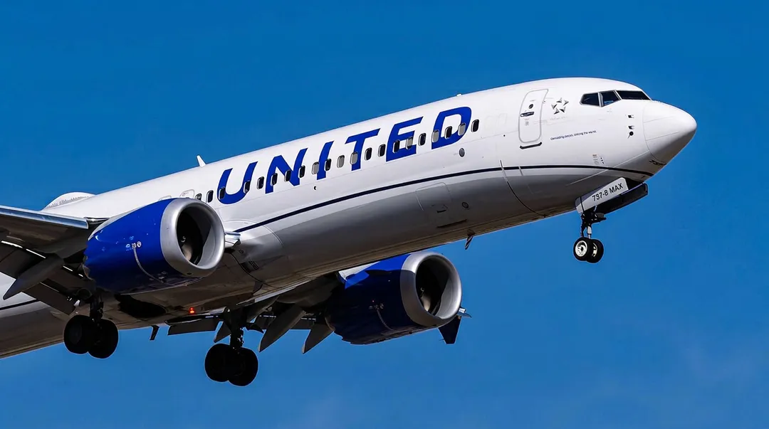 Avión comercial con librea azul y blanca vuela en un cielo despejado
