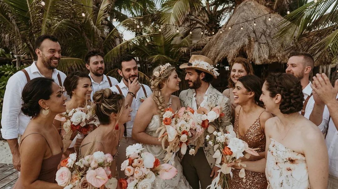 Boda tropical: novios con ramos de flores entre invitados vestidos de beige y blanco bajo palmeras y techos de palapa